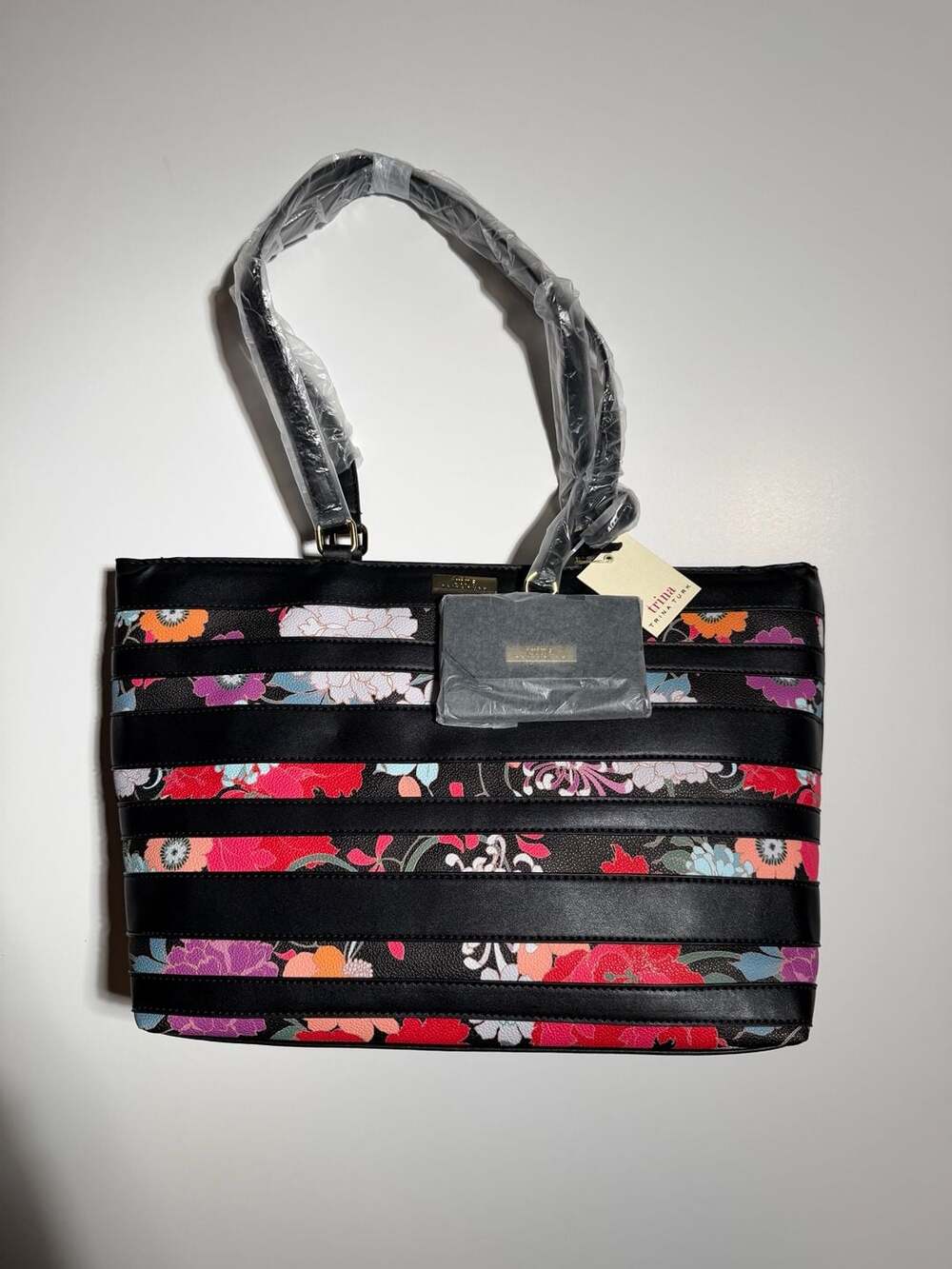 Trina Turk Floral Stripe Tote Bag Black Multi New with Tags